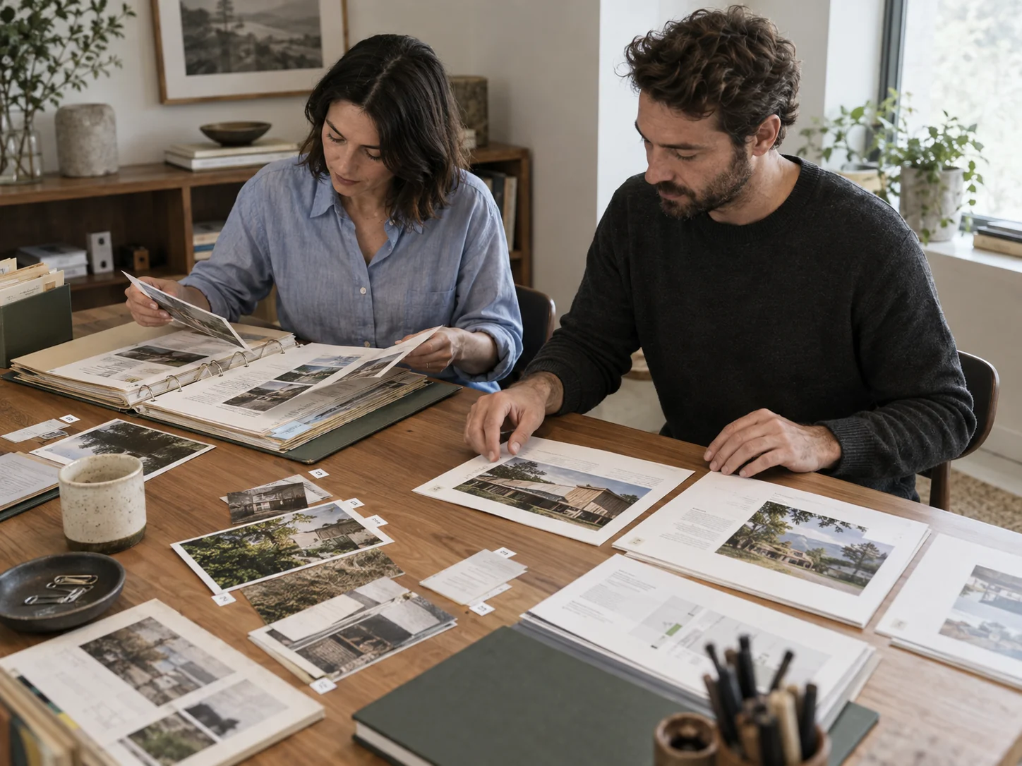 Two colleagues assembling a finished case-study deck from a source-linked project archive.