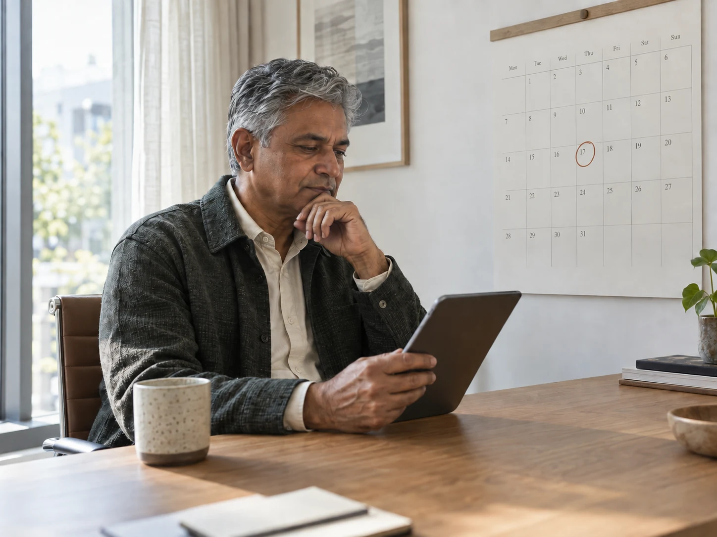 A senior business leader considering a relevant conversation beside a calendar with one meeting date marked.