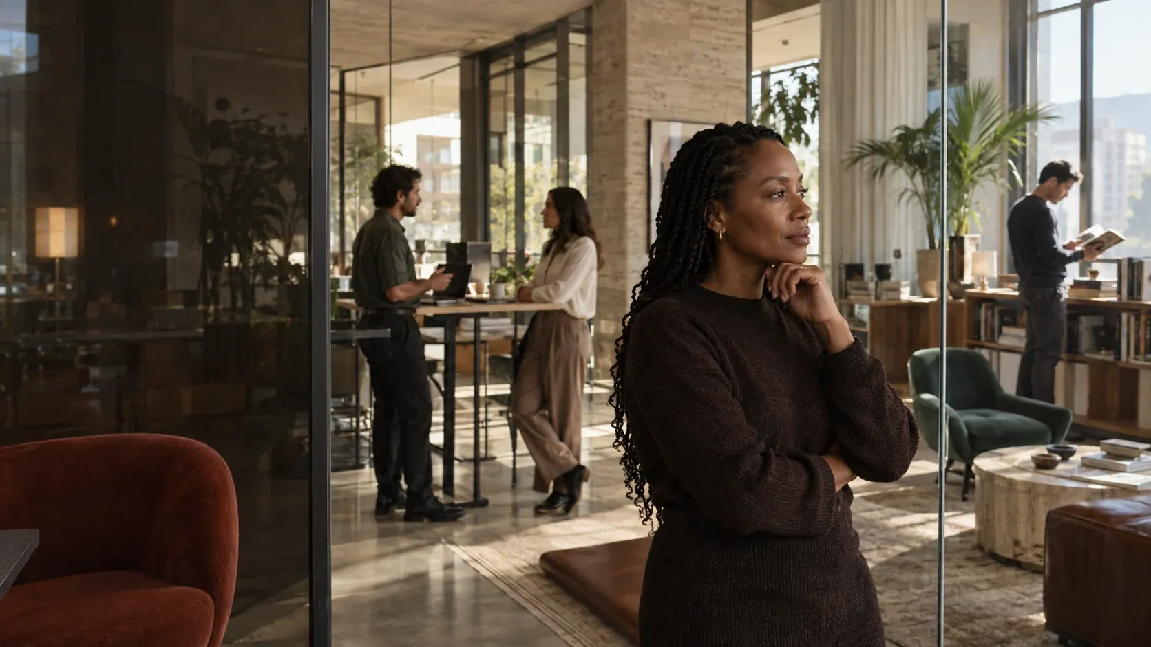 Four people at work in different parts of one bright, open office.